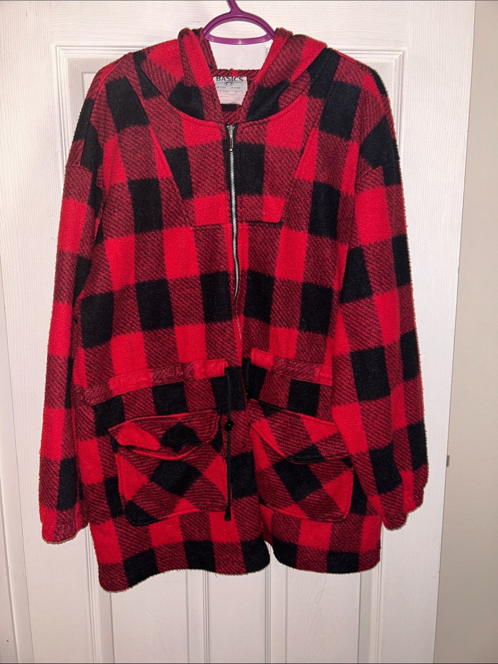Oversized Plaid Hooded Teddy Jacket in Red & Black